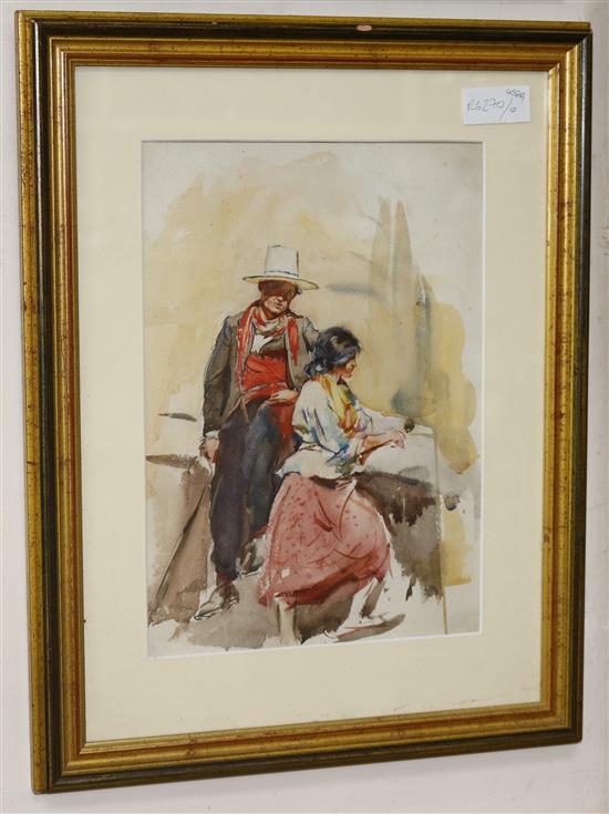 Watercolour, two Spanish figures 35 x 25cm